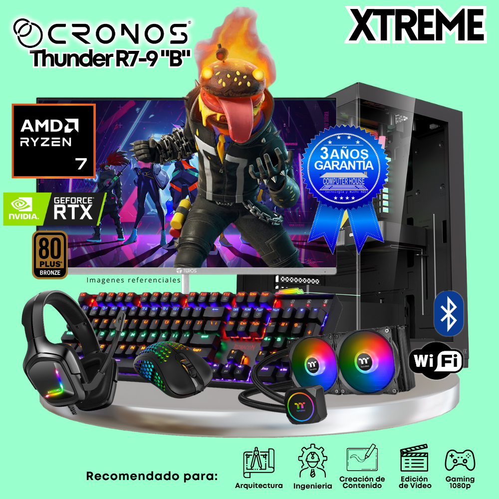 PC Xtreme CRONOS Thunder R7-9 "B", RAM 32GB DDR5, SSD 2TB, Nvidia GeForce RTX5060 8GB, Enfriamiento Líquido, Monitor 27″ FHD 200Hz, Wi-Fi & Bluetooth.