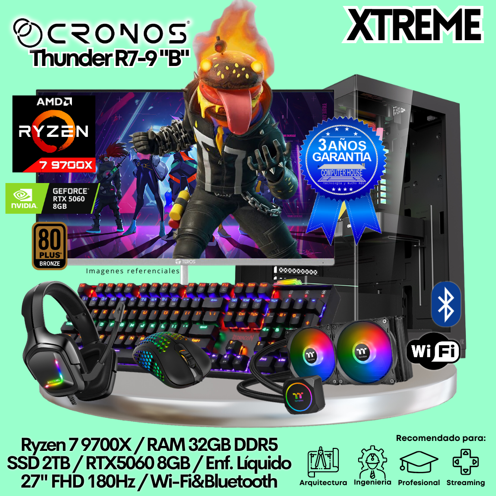 PC Xtreme CRONOS Thunder R7-9 "B", RAM 32GB DDR5, SSD 2TB, RTX5060 8GB, Enfriamiento Líquido, Monitor 27″ FHD 180Hz, Wi-Fi & Bluetooth.