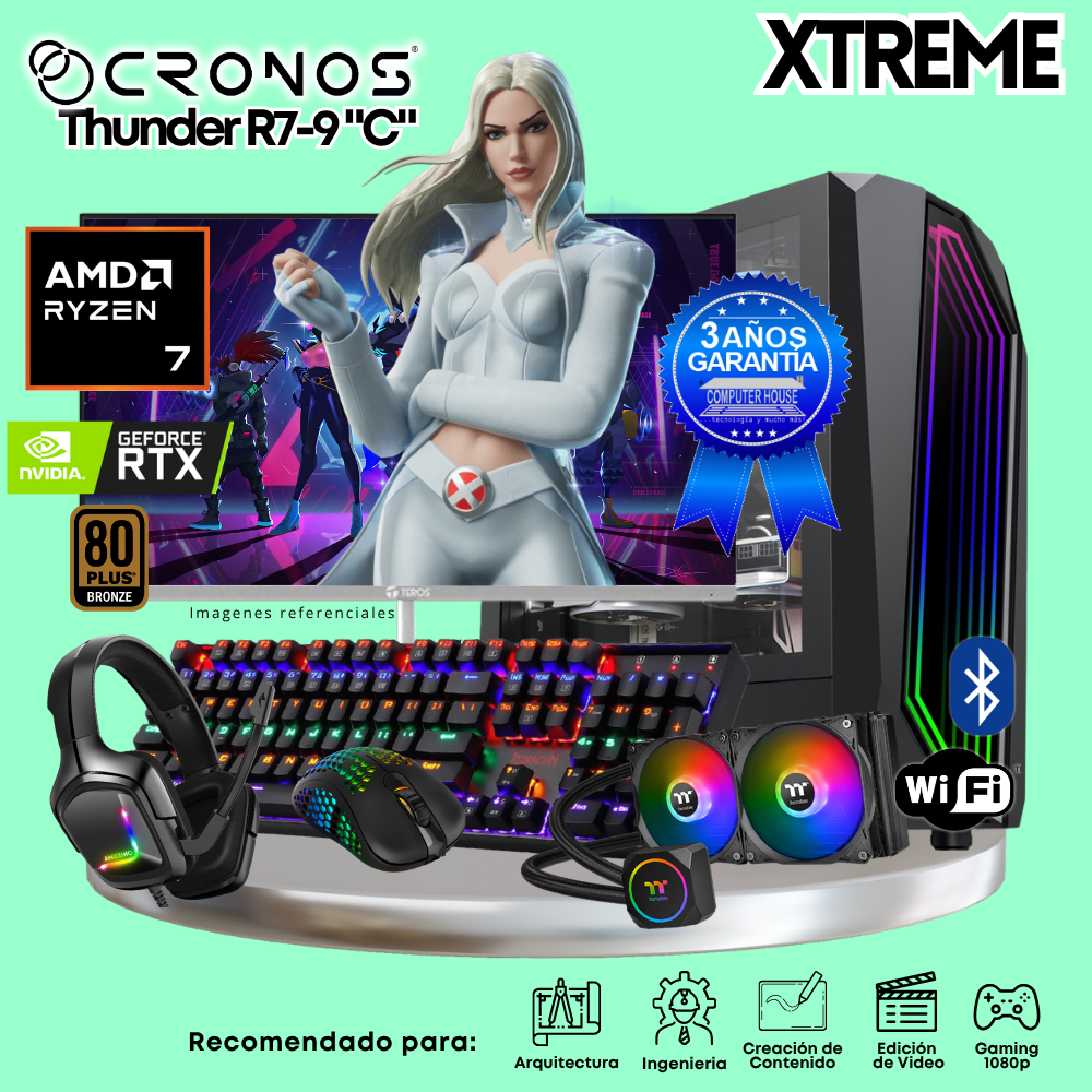 PC Xtreme CRONOS Thunder R7-9 "C", RAM 64GB DDR5, SSD 2TB, Nvidia GeForce RTX5060Ti 8GB, Enfriamiento Líquido, Monitor 27″ FHD 180Hz, Wi-Fi & Bluetooth.