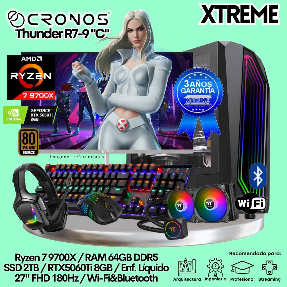 PC Xtreme CRONOS Thunder R7-9 "C", RAM 64GB DDR5, SSD 2TB, RTX5060Ti 8GB, Enfriamiento Líquido, Monitor 27″ FHD 180Hz, Wi-Fi & Bluetooth.