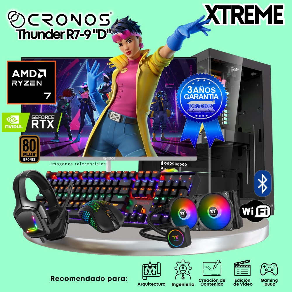PC Xtreme CRONOS Thunder R7-9 "D", RAM 64GB DDR5, SSD 4TB, Nvidia GeForce RTX5060Ti 8GB, Enfriamiento Líquido, Monitor 27″ FHD 180Hz, Wi-Fi & Bluetooth.