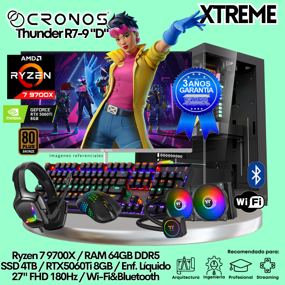 PC Xtreme CRONOS Thunder R7-9 "D", RAM 64GB DDR5, SSD 4TB, RTX5060Ti 8GB, Enfriamiento Líquido, Monitor 27″ FHD 180Hz, Wi-Fi & Bluetooth.