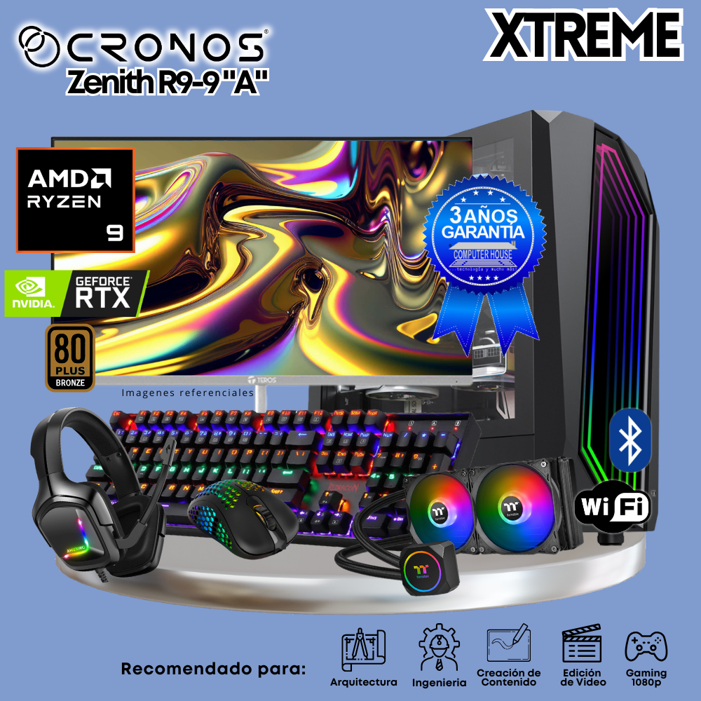 PC Xtreme CRONOS Zenith R9-9 "A", 32GB DDR5 RAM, 1TB SSD, RTX5060 8GB, Liquid Cooling, 27″ FHD 165Hz Monitor, Wi-Fi &amp; Bluetooth.