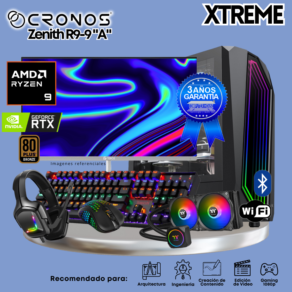 PC Xtreme CRONOS Zenith R9-9 "A", RAM 32GB DDR5, SSD 1TB, Nvidia GeForce RTX5060 8GB, Enfriamiento Líquido, Monitor 27″ FHD 200Hz, Wi-Fi & Bluetooth.