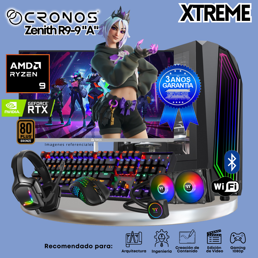 PC Xtreme CRONOS Zenith R9-9 "A", RAM 32GB DDR5, SSD 1TB, Nvidia GeForce RTX5060 8GB, Enfriamiento Líquido, Monitor 27″ FHD 200Hz, Wi-Fi & Bluetooth.
