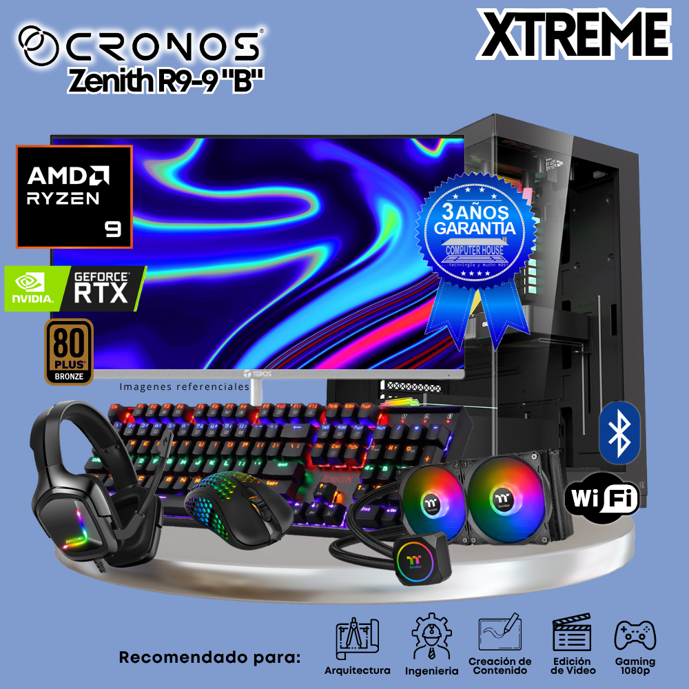 PC Xtreme CRONOS Zenith R9-9 "B", RAM 32GB DDR5, SSD 2TB, Nvidia GeForce RTX5060 8GB, Enfriamiento Líquido, Monitor 27″ FHD 200Hz, Wi-Fi & Bluetooth.