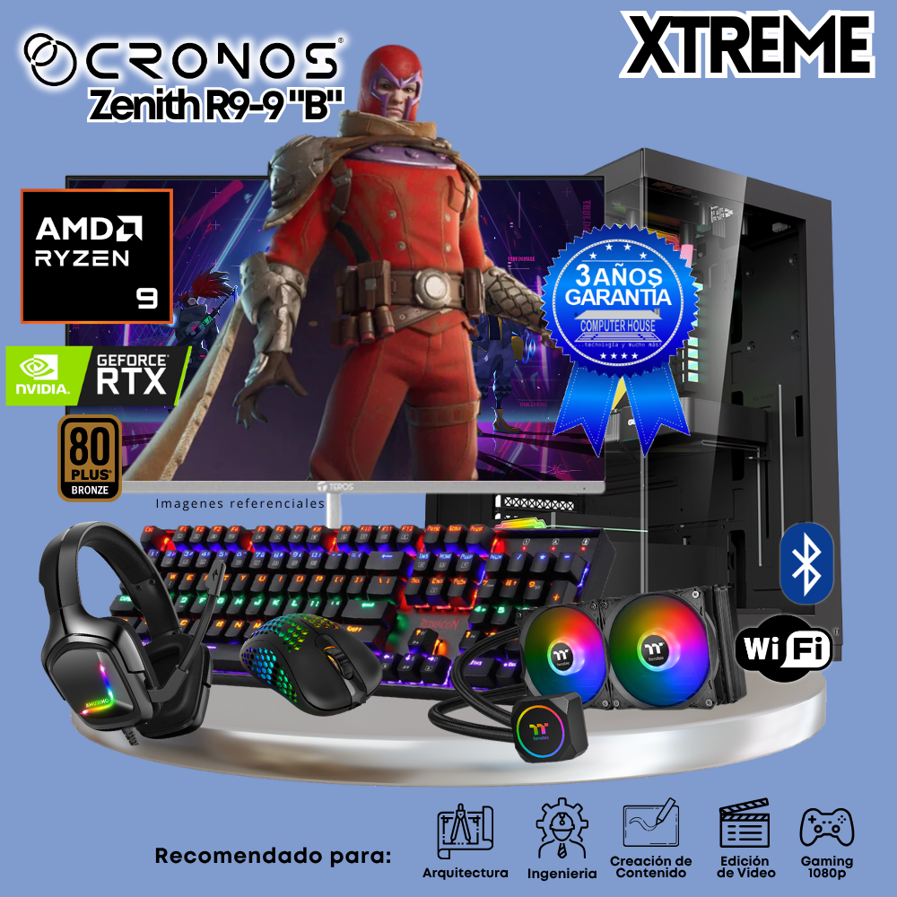 PC Xtreme CRONOS Zenith R9-9 "B", RAM 32GB DDR5, SSD 2TB, Nvidia GeForce RTX5060 8GB, Enfriamiento Líquido, Monitor 27″ FHD 200Hz, Wi-Fi & Bluetooth.