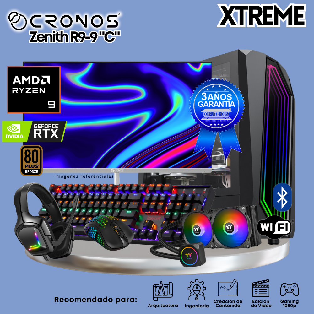 PC Xtreme CRONOS Zenith R9-9 "C", RAM 64GB DDR5, SSD 2TB, Nvidia GeForce RTX5060Ti 8GB, Enfriamiento Líquido, Monitor 27″ FHD 180Hz, Wi-Fi & Bluetooth.