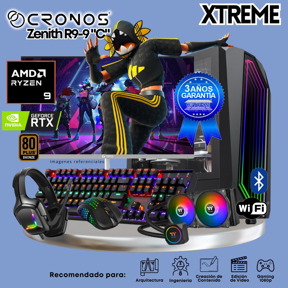 PC Xtreme CRONOS Zenith R9-9 "C", RAM 64GB DDR5, SSD 2TB, Nvidia GeForce RTX5060Ti 8GB, Enfriamiento Líquido, Monitor 27″ FHD 180Hz, Wi-Fi & Bluetooth.