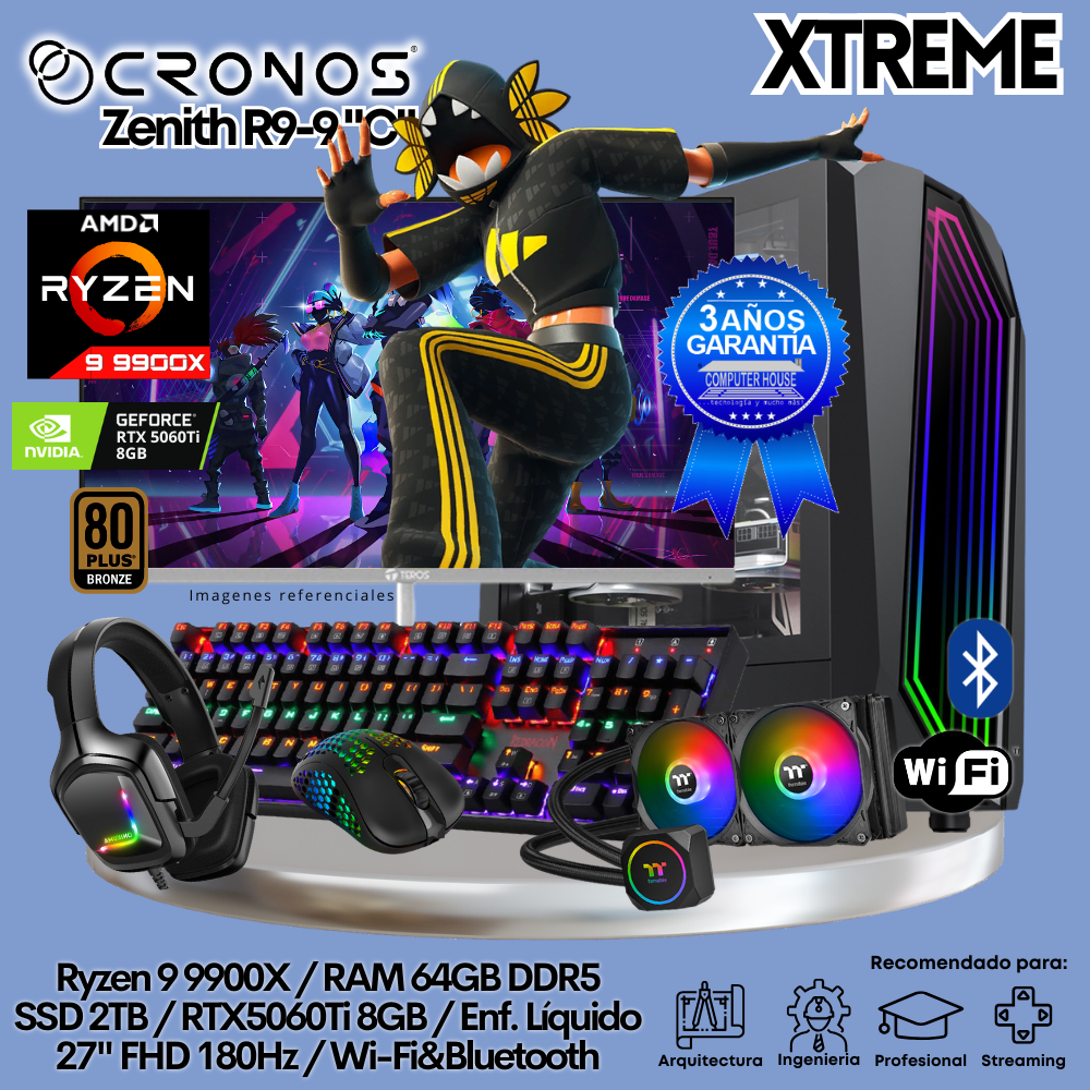 PC Xtreme CRONOS Zenith R9-9 "C", RAM 64GB DDR5, SSD 2TB, RTX5060Ti 8GB, Enfriamiento Líquido, Monitor 27″ FHD 180Hz, Wi-Fi & Bluetooth.