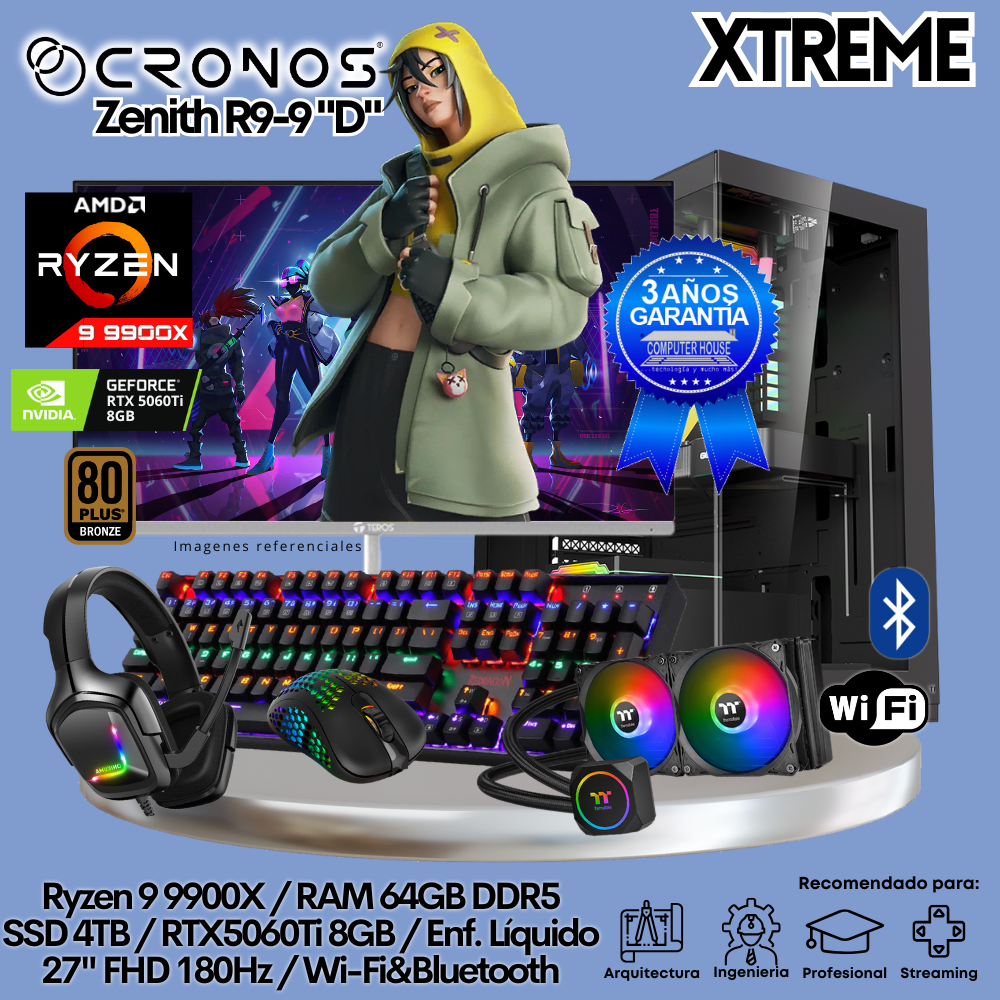 PC Xtreme CRONOS Zenith R9-9 "D", RAM 64GB DDR5, SSD 4TB, RTX5060Ti 8GB, Enfriamiento Líquido, Monitor 27″ FHD 180Hz, Wi-Fi & Bluetooth.