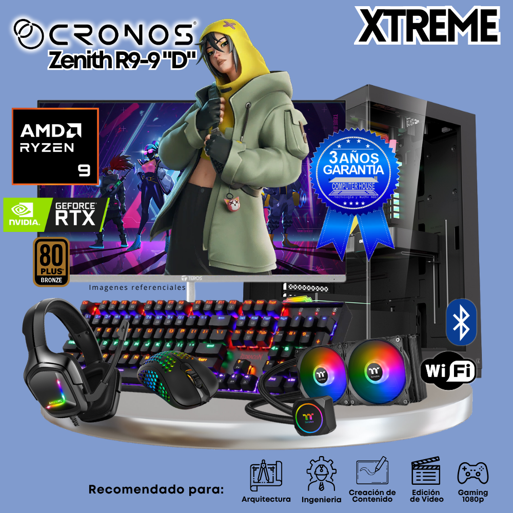 PC Xtreme CRONOS Zenith R9-9 "D", RAM 64GB DDR5, SSD 4TB, Nvidia GeForce RTX5060Ti 8GB, Enfriamiento Líquido, Monitor 27″ FHD 180Hz, Wi-Fi & Bluetooth.