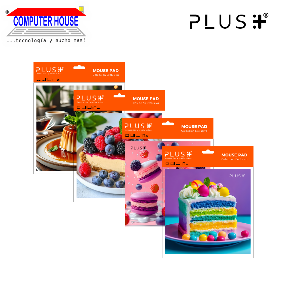 Pad Mouse Premium PLUS, colección Postres , antideslizante, superficie de tela, 20x20x0.5cm, diseño variado.