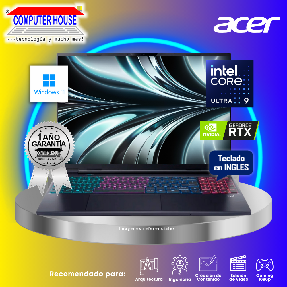 Laptop ACER Predator Helios 16, Core Ultra 9-275HX, RAM 16GB DDR5, SSD 1TB, Nvidia GeForce RTX5070Ti 8GB, 16" FHD 240Hz, Teclado en Inglés, Windows 11.