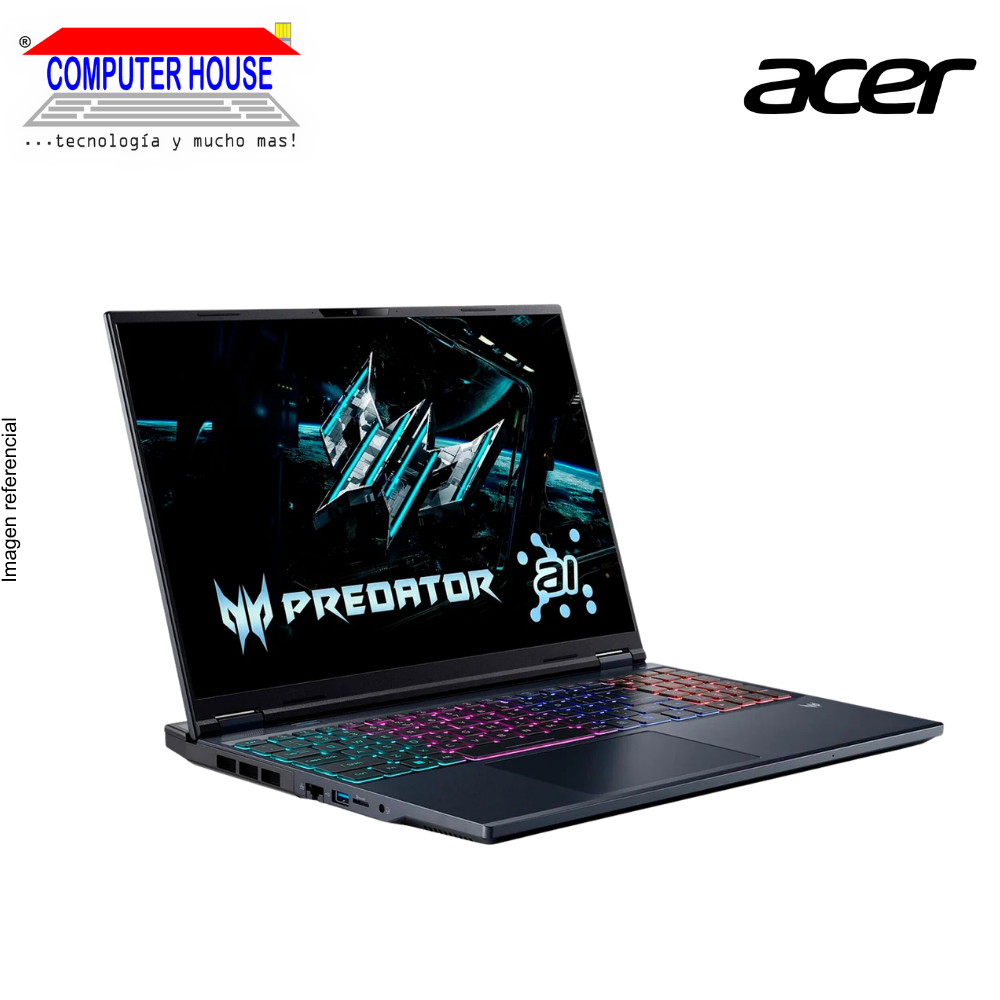 Laptop ACER Predator Helios 16, Core Ultra 9-275HX, RAM 16GB DDR5, SSD 1TB, Nvidia GeForce RTX5070Ti 8GB, 16" FHD 240Hz, Teclado en Inglés, Windows 11.