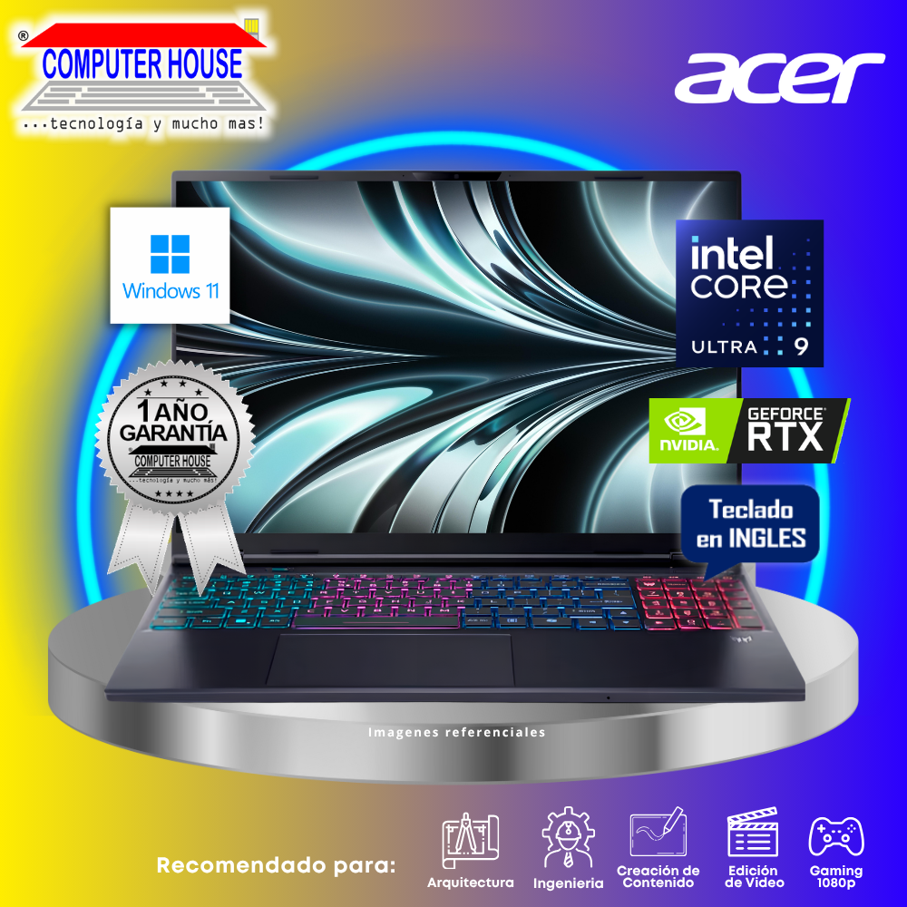 Laptop ACER Predator Helios 16, Core Ultra 9-275HX, RAM 16GB DDR5, SSD 1TB, Nvidia GeForce RTX5060 8GB, 16" FHD 240Hz, Teclado en Inglés, Windows 11.
