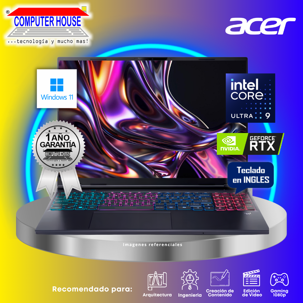 Laptop ACER Predator Helios 16, Core Ultra 9-275HX, RAM 16GB DDR5, SSD 1TB, Nvidia GeForce RTX5060 8GB, 16" FHD 240Hz, Teclado en Inglés, Windows 11.