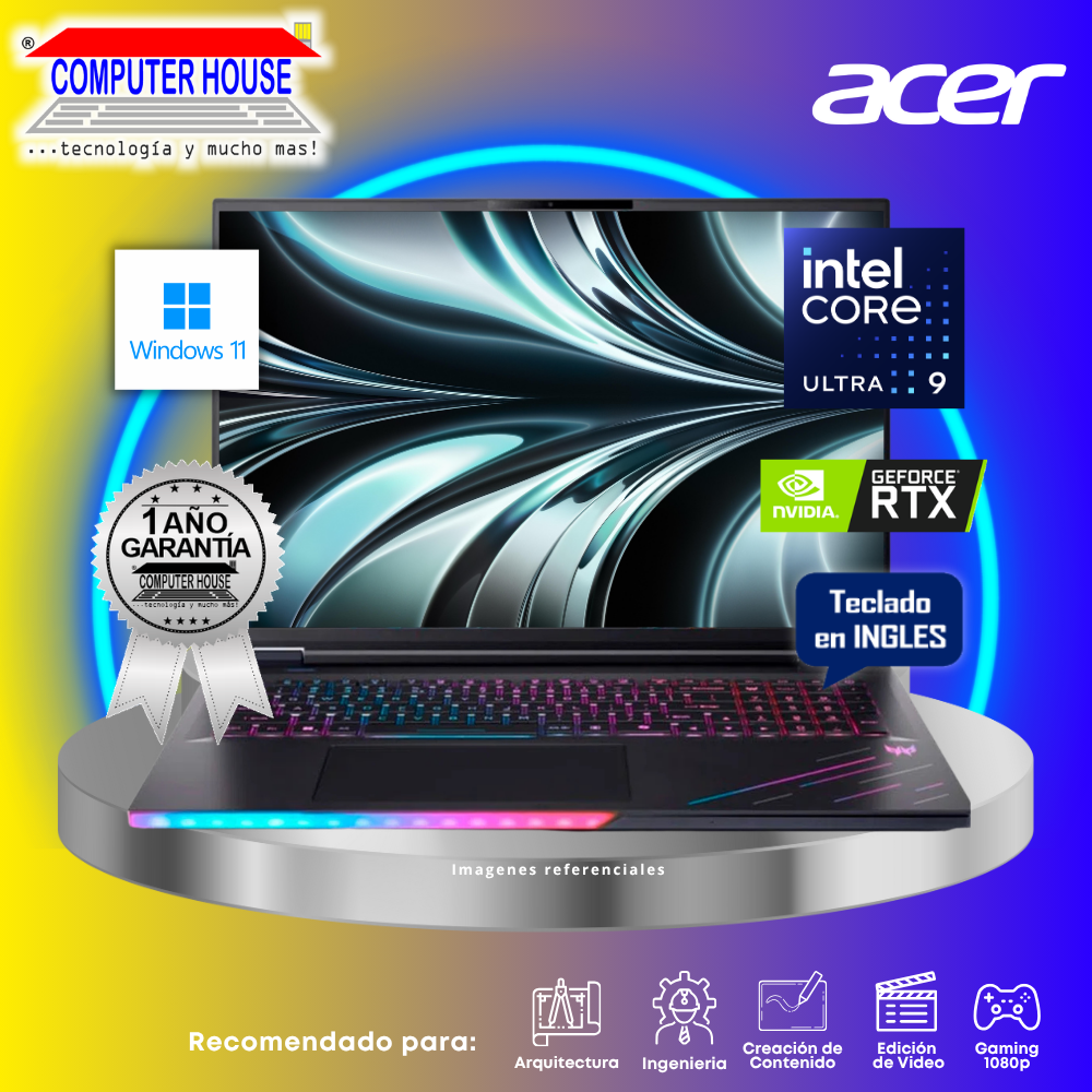 Laptop ACER Predator Helios 18, Core Ultra 9-275HX, RAM 32GB DDR5, SSD 1TB, Nvidia GeForce RTX5080 16GB, 18" FHD 250Hz, Teclado en Inglés, Windows 11.
