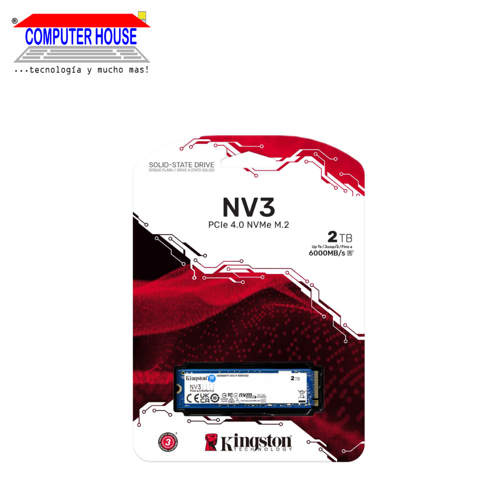 Unidad en estado sólido KINGSTON 2TB, NV3, SSD M.2 NVMe PCIe (Lectura máxima 6000Mb/s, Escritura máxima 5000Mb/s).