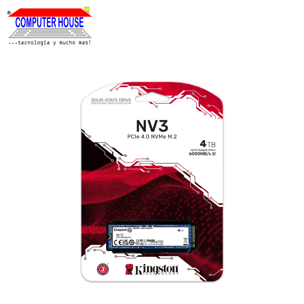 SSD KINGSTON 4TB, NV3 M.2 NVMe PCIe (lectura máxima 6000Mb/s, escritura máxima 5000Mb/s).