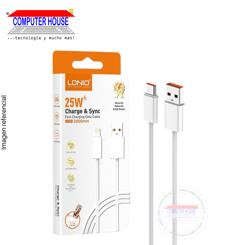 Cable LDNIO LS892 USB-A  a USB-C, Carga Rápida 25W, 2 metros, Blanco, USB 3.0.