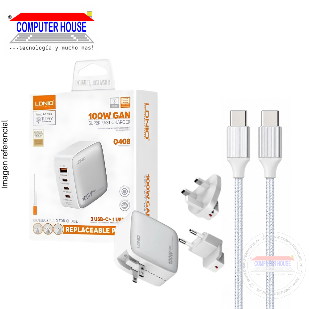 Cargador + Cable LDNIO Q408 USB-C a USB-C, GaN 100W, 4 Puertos USB-A + 3 USB-C, Incluye adaptadores US/EU/UK, 1 metro, Blanco.