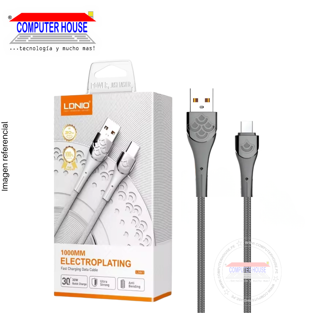 Cable LDNIO LS861 USB-A  a USB-C, Carga Rápida 30W, 1 metro, Gris.