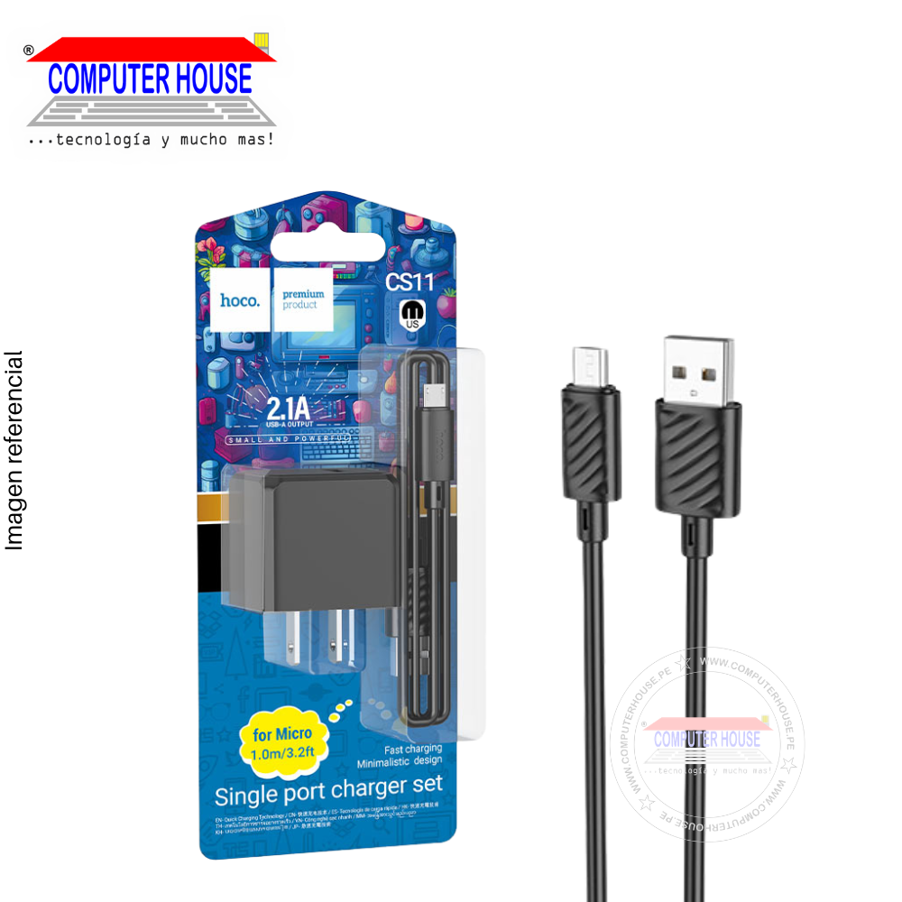 Cargador + Cable HOCO CS11 USB-A a Micro USB(V8), 10.5W, Cable de 1 metro, Negro.