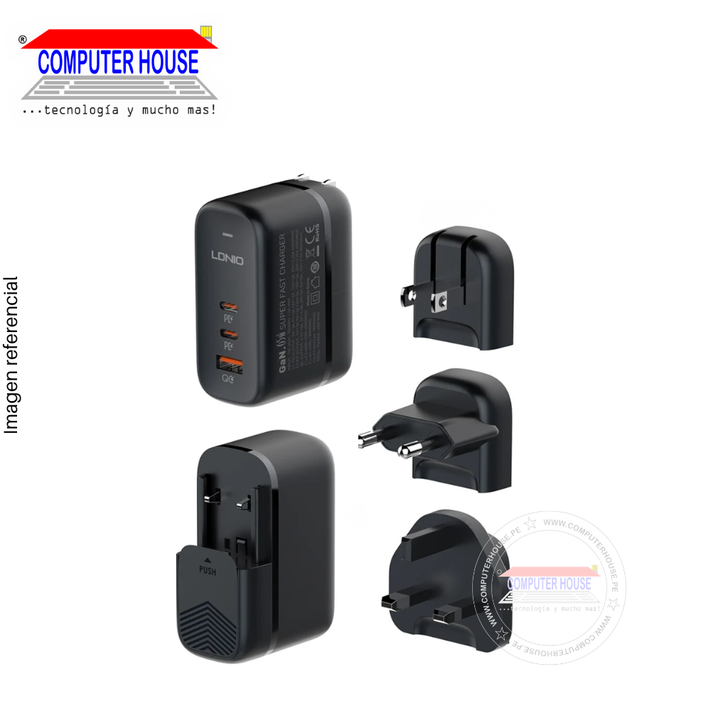 Cargador + Cable LDNIO Q366 USB-C a USB-C, GaN 65W PD + QC 4.0,  3 Puertos USB-A + 2 USB-C, Incluye adaptadores US/EU/UK, 1 metro, Negro.
