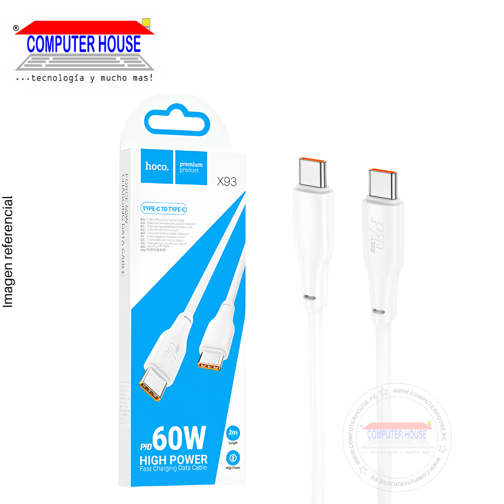 Cable HOCO X93 USB-C a USB-C, Carga Rápida PD 60W, 2 metros, Blanco.