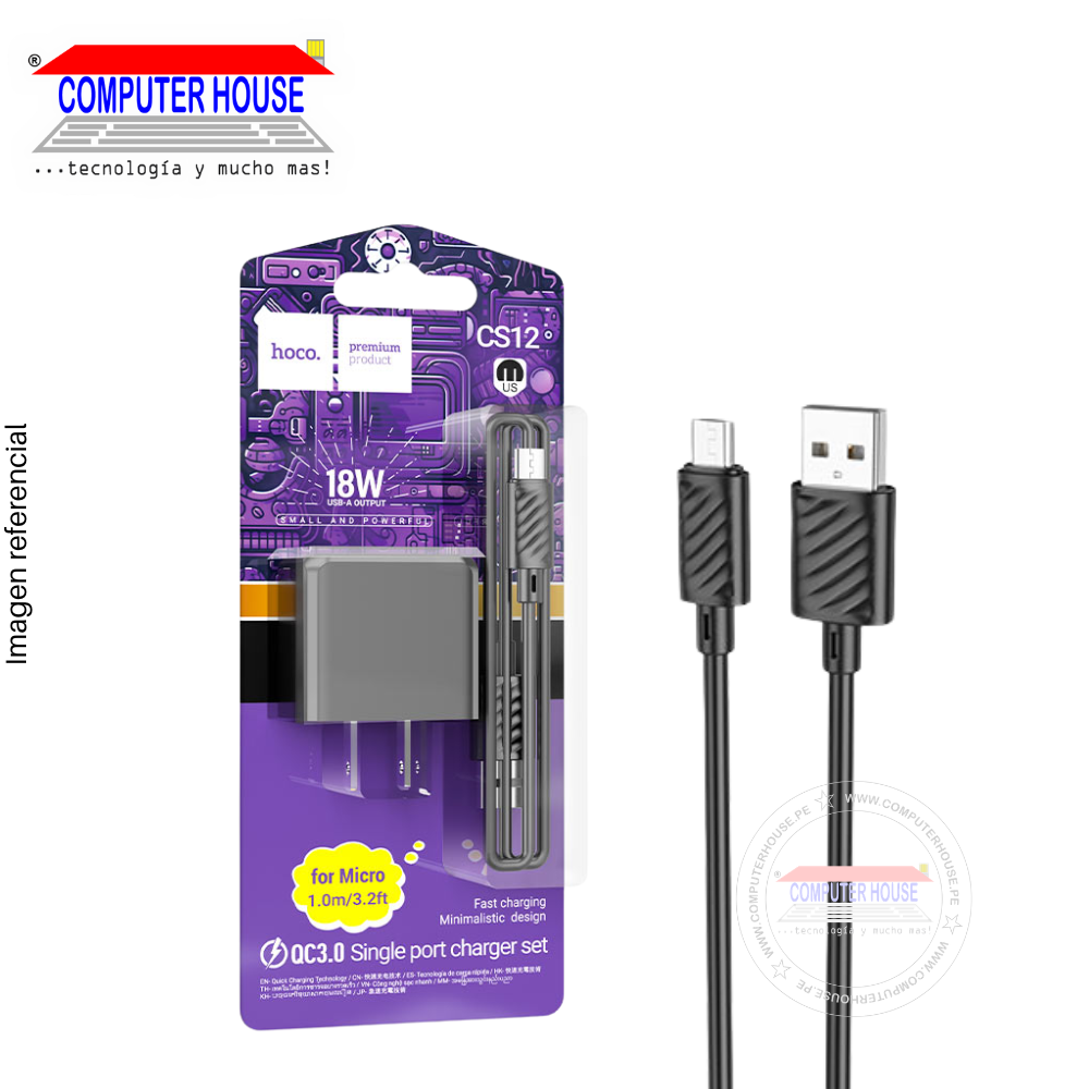 Cargador + Cable HOCO CS12 USB-A a Micro USB(V8), 18W, Cable de 1 metro, Negro.