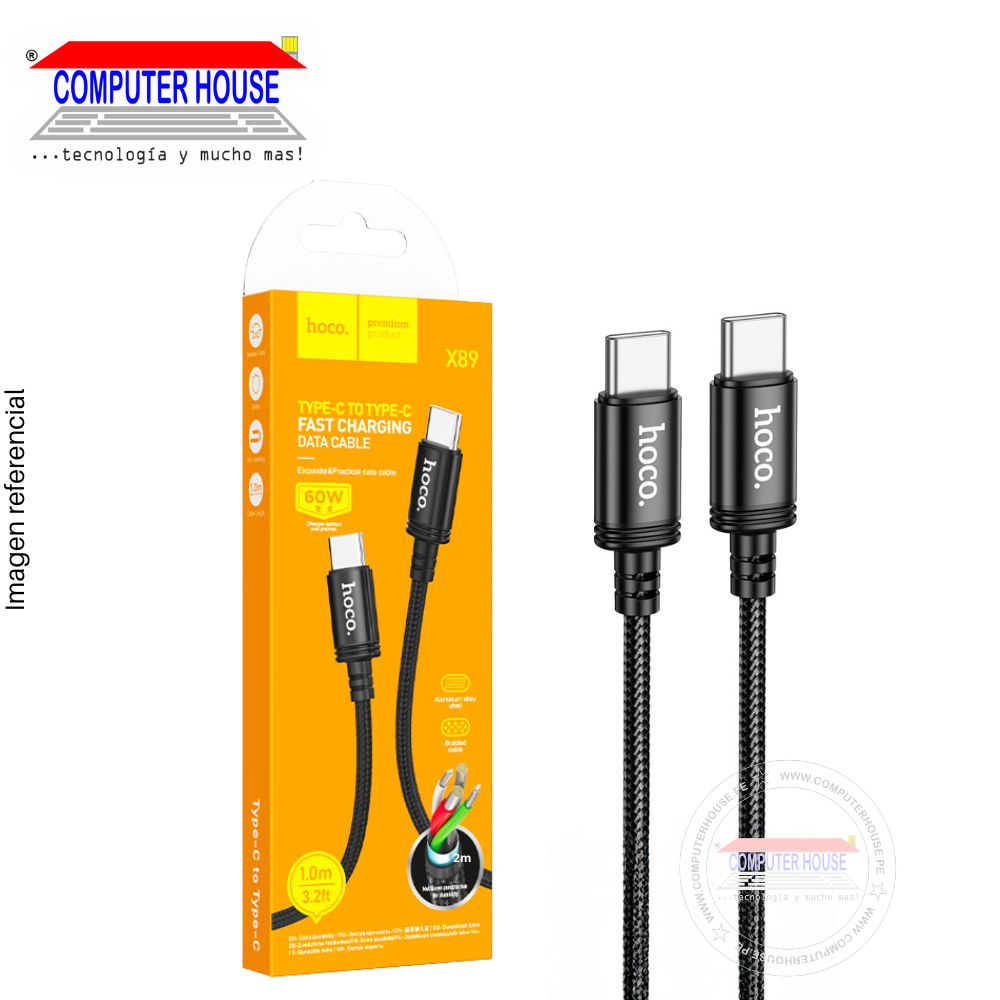 Cable HOCO X89 USB-C a USB-C, Carga Rápida PD 60W, 1 metro, Negro.