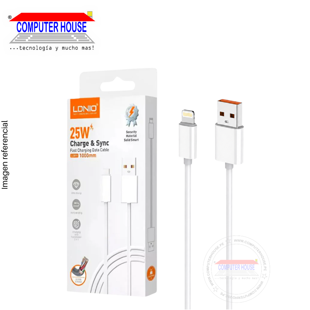 Cable LDNIO LS891 USB-A a Lightning, Carga Rápida 25W, 1 metro, Blanco, USB 3.0.