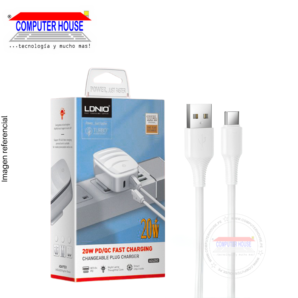 Cargador + Cable LDNIO A2425C USB-A a USB-C, PD + QC 20W, Doble Puerto, con Luz LED, Cable de 1 metro, Blanco.
