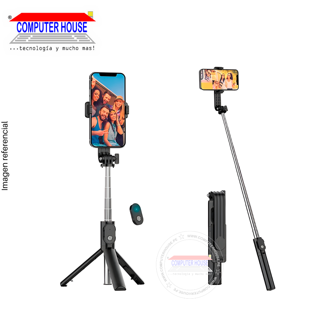 Palo Selfie con Bluetooth XT-02, Trípode Integrado, Control Remoto Inalámbrico, Extensible, Negro.