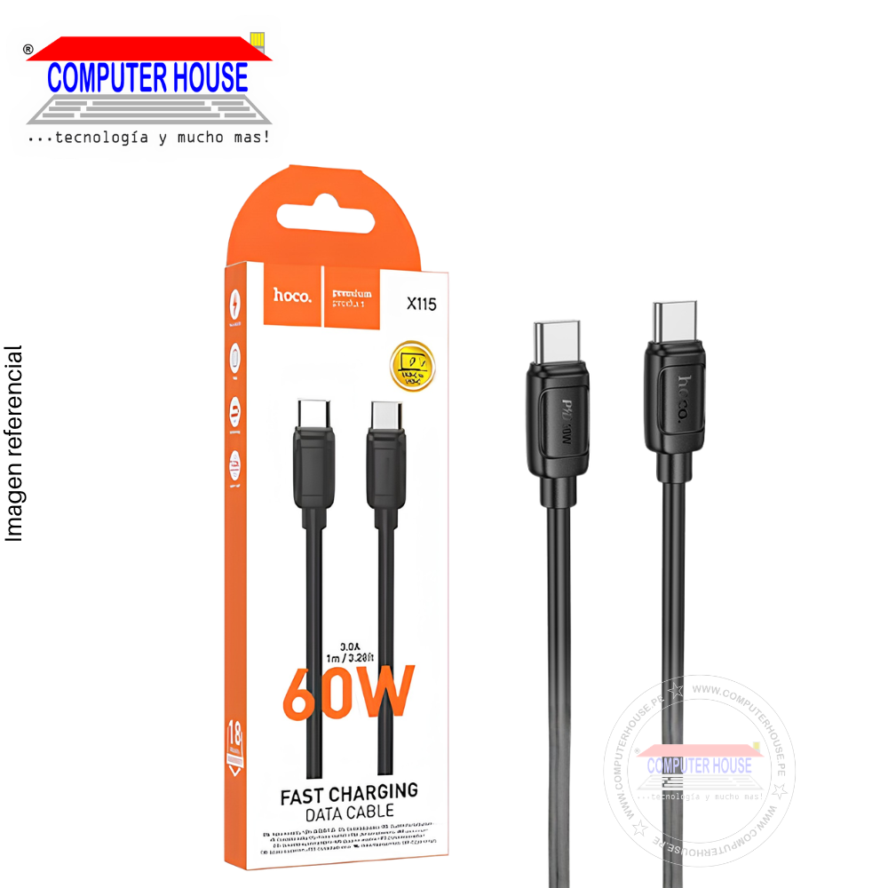 Cable HOCO X115 USB-C a USB-C, Carga Rápida PD 60W, 3A, 1 metro, Negro.