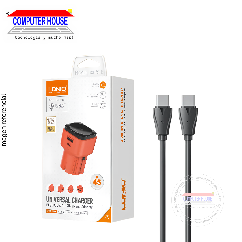 Cargador + Cable LDNIO Q2420 USB-C a USB-C, Turbo 45W PD + QC 3.0, Doble Puerto USB-A y USB-C, Incluye adaptadores US/EU/UK/AU, 1 metro, Negro.