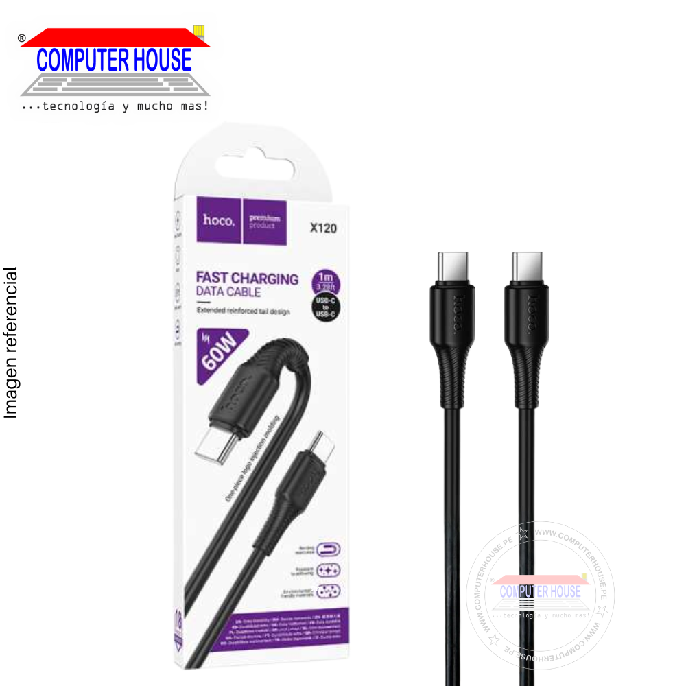 Cable HOCO X120 USB-C a USB-C, Carga Rápida PD 60W, 1 metro, Negro.