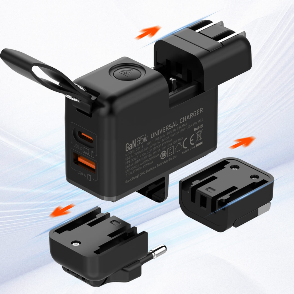 Cargador + Cable LDNIO Q2618 USB-C a USB-C, Global GaN 65W PD + QC 4.0, Doble Puerto USB-A y USB-C, Incluye adaptadores US/EU/UK, 1 metro, Negro.