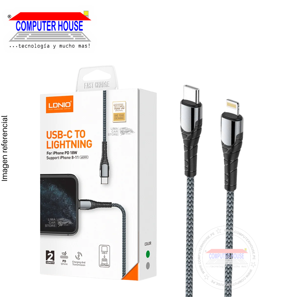 Cable LDNIO LS112 USB-C a Lightning, Carga Rápida PD, 2 metros, Gris.