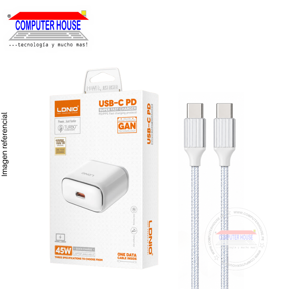 Cargador + Cable LDNIO Q1415 USB-C a USB-C, PD 45W,  1 metro, Blanco.