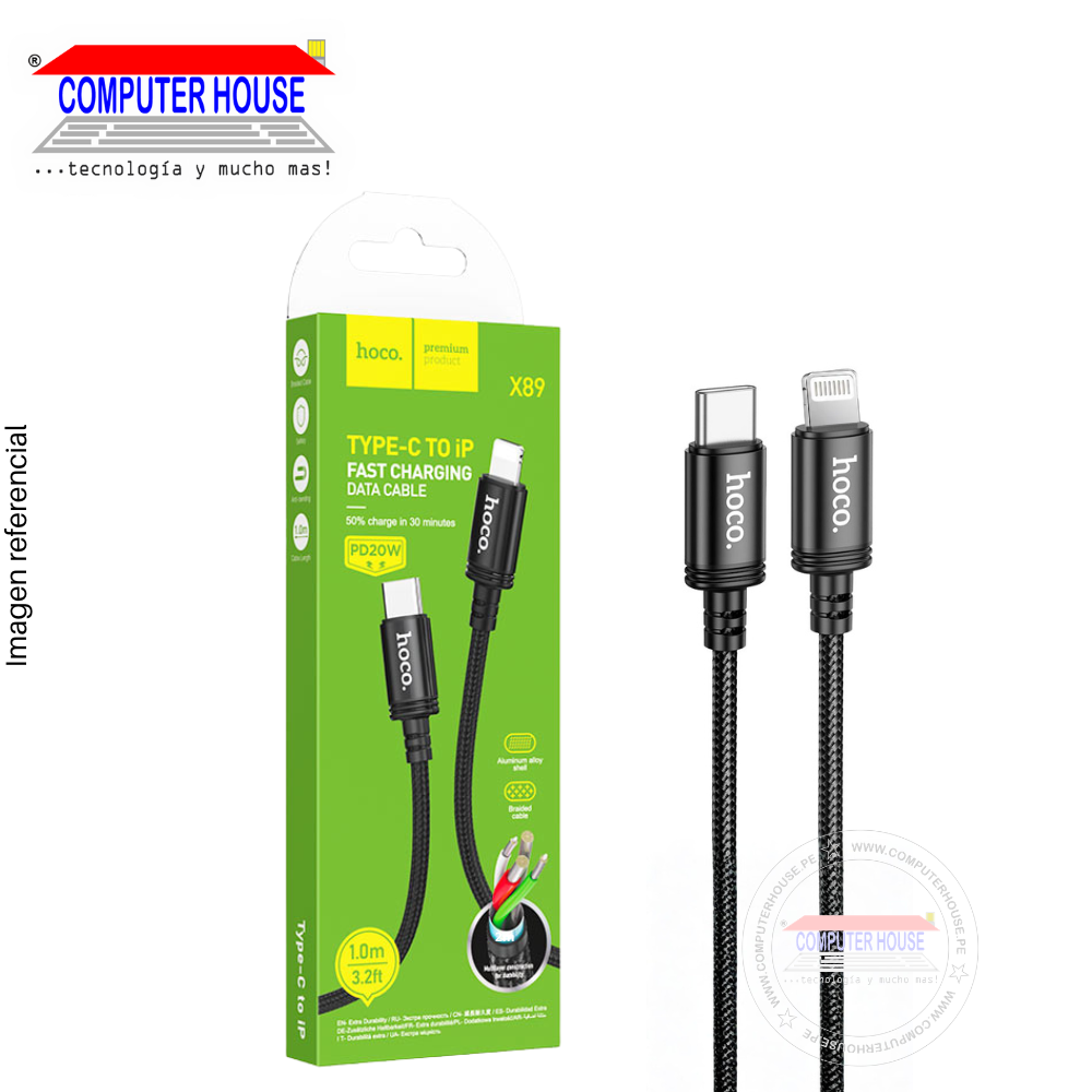 Cable HOCO X89 USB-C a Lightning, Carga Rápida PD 20W, 1 metro, Negro.