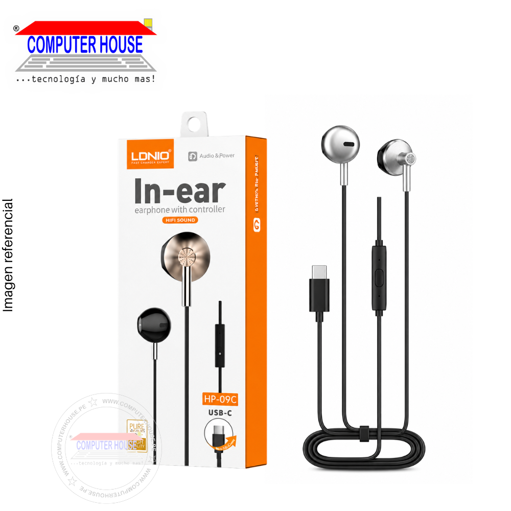 Audífonos LDNIO HP-09C, Conexión USB-C, con Micrófono, Handsfree, 1.10 metros, Negro/Plateado.