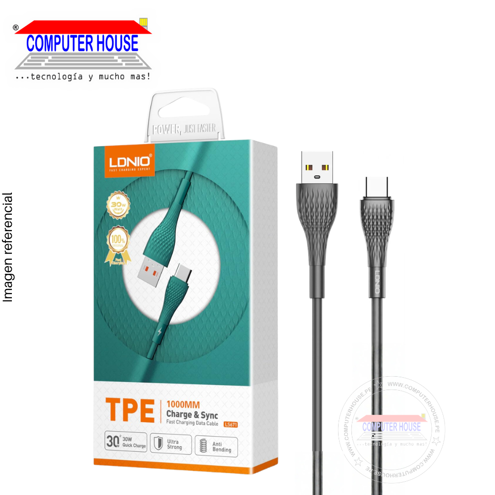 Cable LDNIO LS671 USB-A a USB-C, Carga Rápida 30W, 1 metro, Gris.