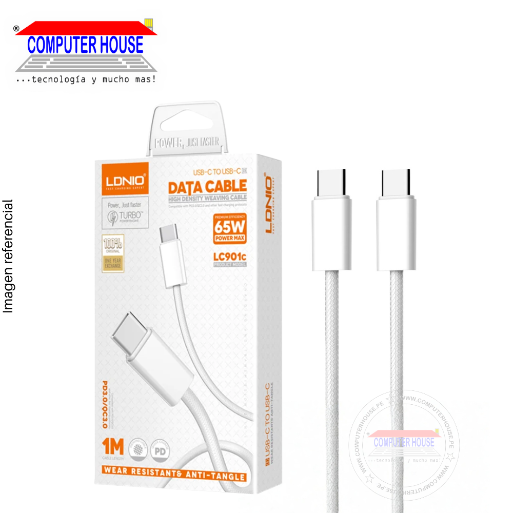 Cable LDNIO LC901C USB-C a USB-C, Carga Rápida PD 65W, 1 metro, Blanco.