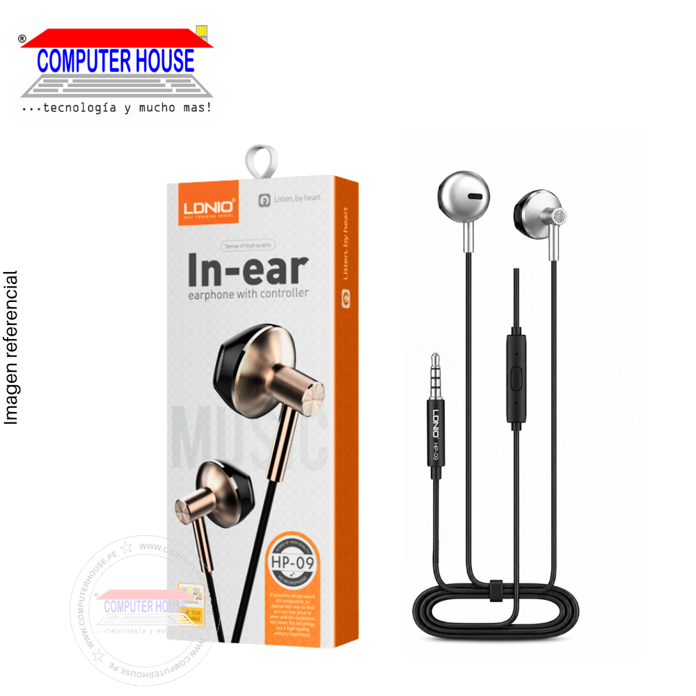 Audífonos LDNIO HP-09, Conexión 3.5mm Plug/Jack, con Micrófono, Handsfree, 0.6 metros, Negro/Plateado.