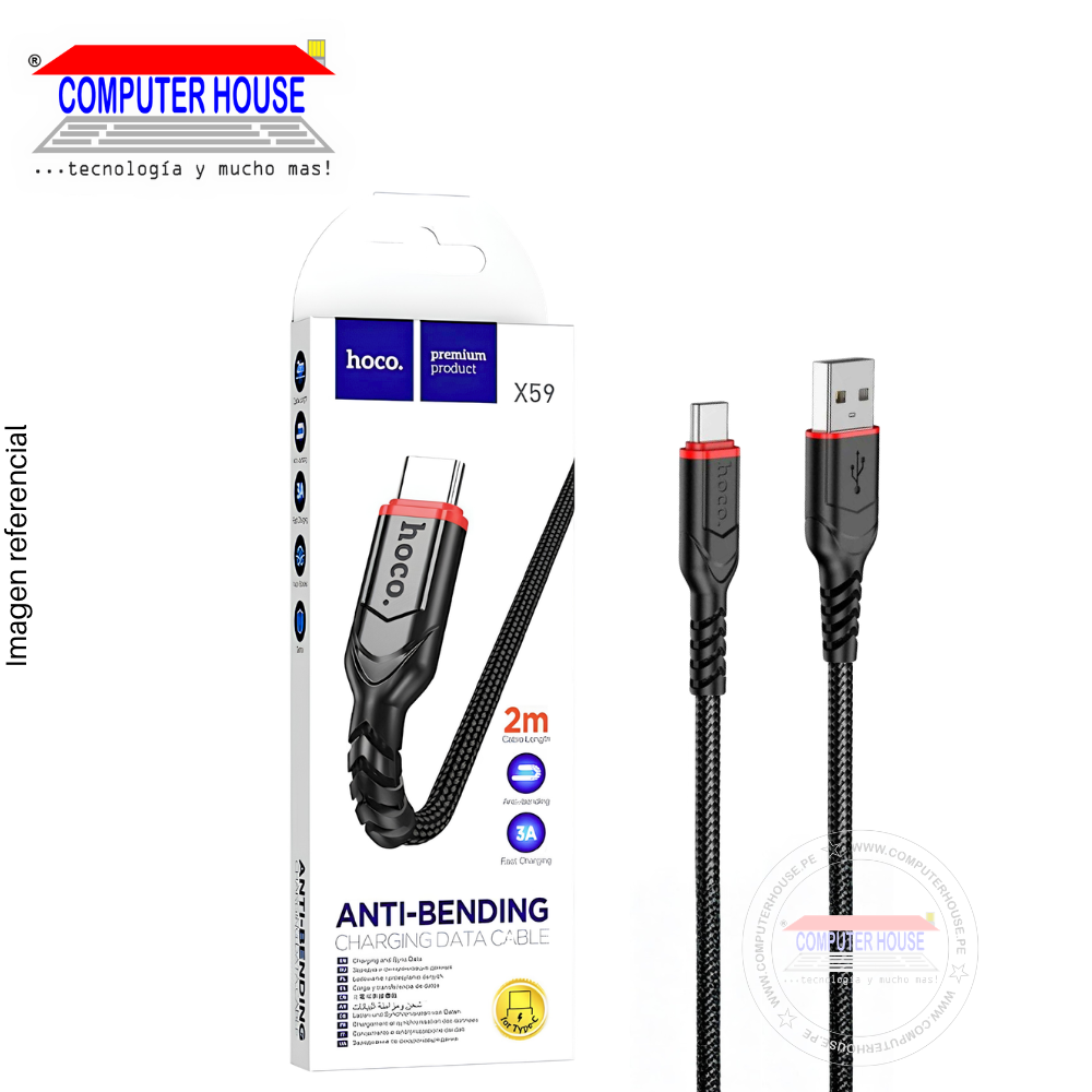 Cable HOCO X59 USB-A a USB-C, Carga Rápida 3A, 2 metros, Negro.