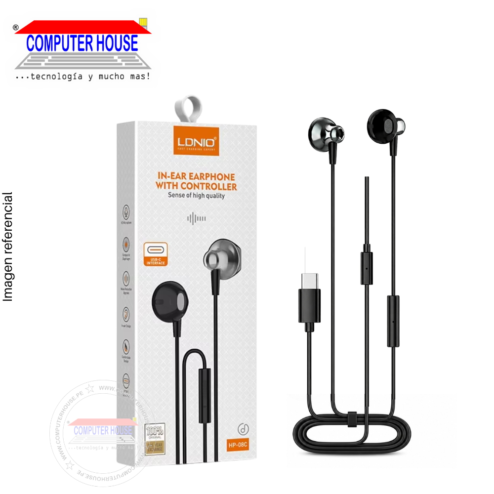 Audífonos LDNIO HP08C, Conexión USB-C, con Micrófono, Handsfree, 1.10 metros, Negro/Gris.