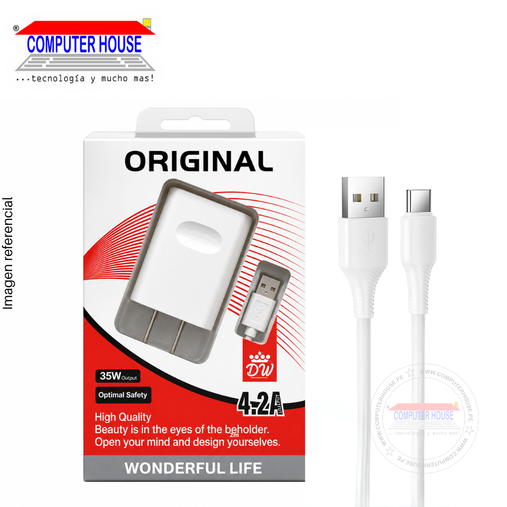 Cargador + Cable USB-A a USB-C, 4.2A, 35W, 1 metro, Blanco.