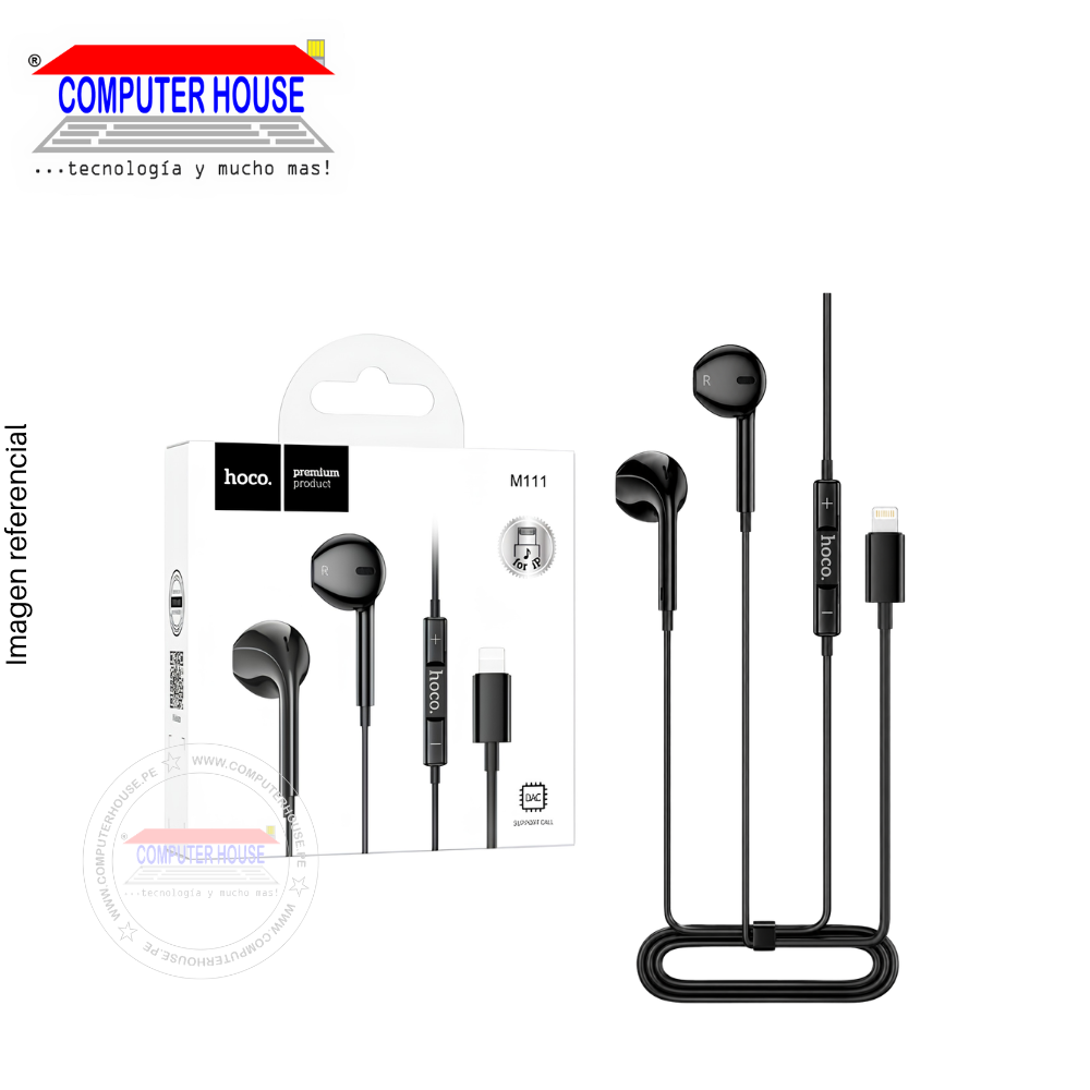 Audífonos HOCO M111, Conexión Lightning, con Micrófono, Handsfree, Control de Volumen, 1.20 metros, Negro.